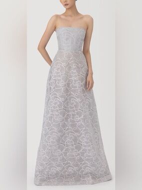 NEW SAU LEE Yvonne Floral Embroidered Strapless sliver gray Gown sz 14